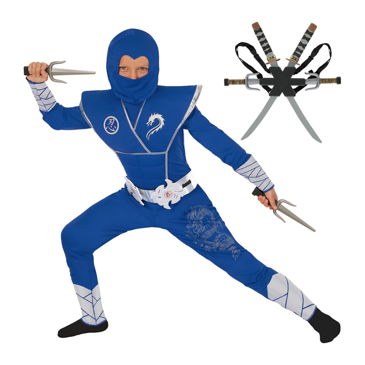 Costume da ninja blu e argento con zaino per bambino