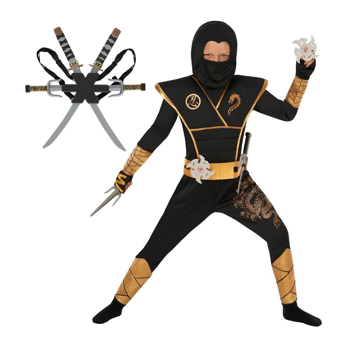 Costume da bambino ninja oro e nero con zaino